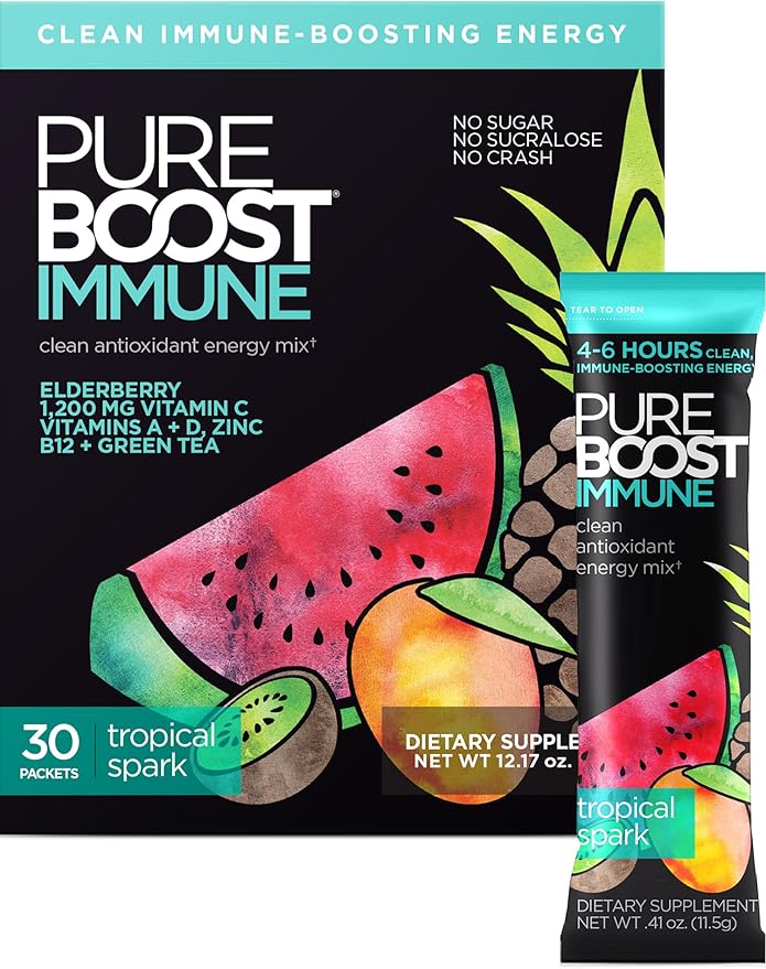 Pureboost Immune Clean Energy Booster, Refreshing Energy Drink Mix and Immunity Supplement with Elderberry, 1,200 mg Vitamin C, Vitamins A + D, and Zinc. Sugar-Free Energy (Tropical Spark, 30 Count)