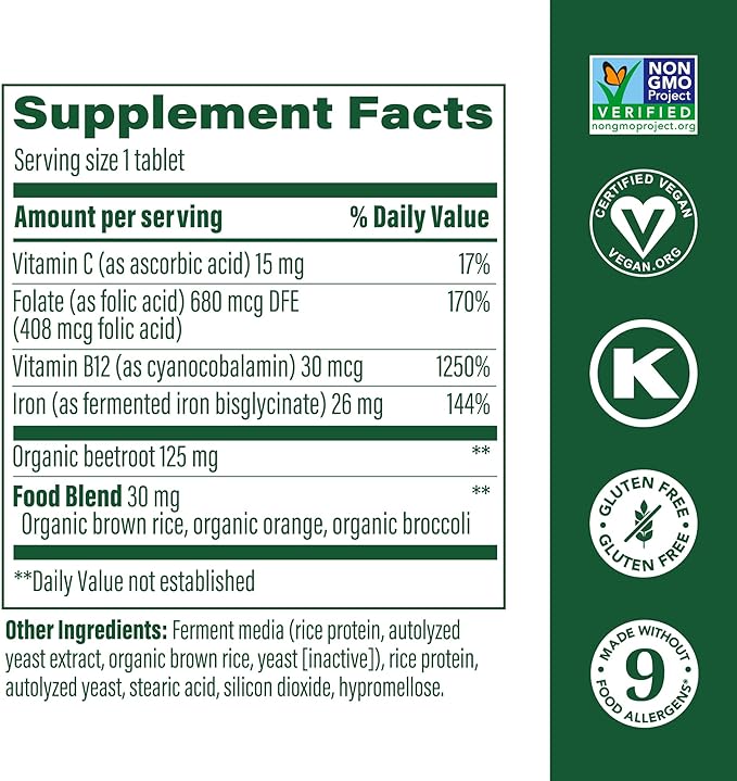 MegaFood Blood Builder - Iron Supplement Clinically Shown to Increase Iron Levels without Side Effects - Iron Supplement for Women with Vitamin C, Vitamin B12 and Folic Acid - Vegan - 180 Tabs
