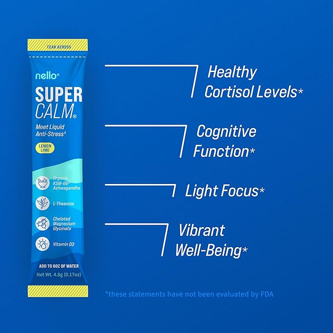Nello Supercalm Drink Mix - Ashwagandha KSM 66, Magnesium Glycinate & L-Theanine Supplement, Vitamin D3 - Ashwagandha Root Extract - Focus and Relaxation Support (20 Travel Packets) - Lemon Lime