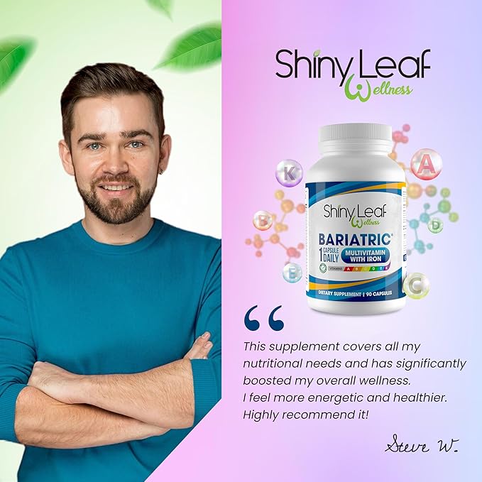 Shiny Leaf Bariatric Multivitamin with Iron - 45mg Iron, 180 Capsules, Post WLS Support, for Gastric Sleeve, Bypass and Mini Bypass, High Potency Daily Vitamins, for Women and Men,6 Months Supply