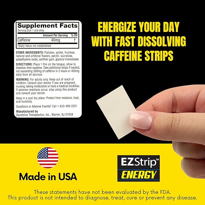 Energy - Energize your Day with 40 mg Caffeine Strips - Energy Supplement for Adults. Mint Flavor. Sugar Free, Gluten Free, Performance Boost. Made in USA in an FDA-Registered Facility - 30 Pk