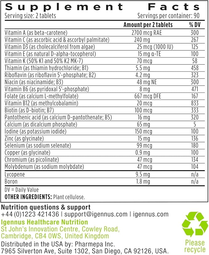 Methylated Men's Multivitamin, MTHFR Supplement with Active B-Vitamins, High Strength 2 a Day Multivitamin for Sustained Release, Added Lycopene, Clean Label, Non-GMO & Vegan 180 Tablets, by Igennus