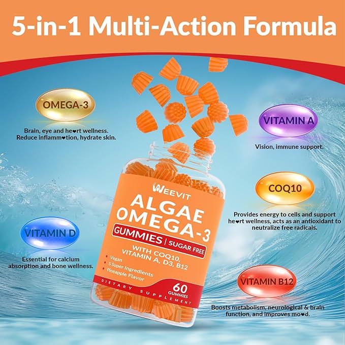Sugar Free Omega 3 Gummies, Algae Omega 3 Supplement for Adults,Omega 3 DHA 240mg, EPA 110mg w/Vitamin B12,CoQ10