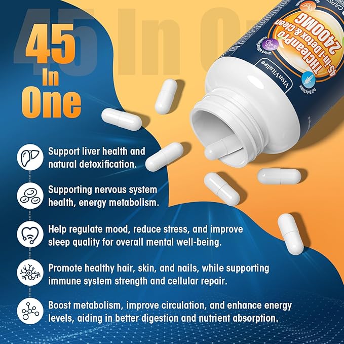 45 in 1 Comprehensive Liver Detox, 216000MG Zeolite Detox Heavy Metal Detox Full Body Detox Milk Thistle Liver Detox, 100% Natural Maximum Absorption, Energy Immune Support 90 Capsules