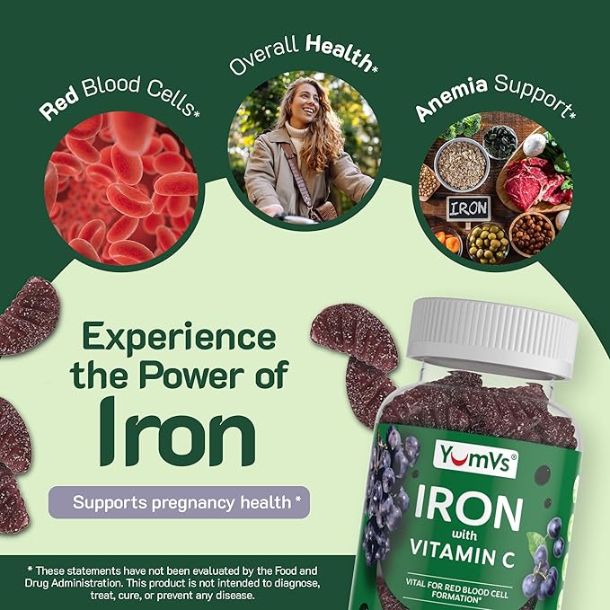 VumVs Iron Gummies for Women and Men - Grape Flavor - 10 mg Chewable Iron Supplement for Women Gummies with Vitamin C - Kosher, Gluten Free - Blood Builder Iron Supplement Gummies (60 Count), 1 Pack