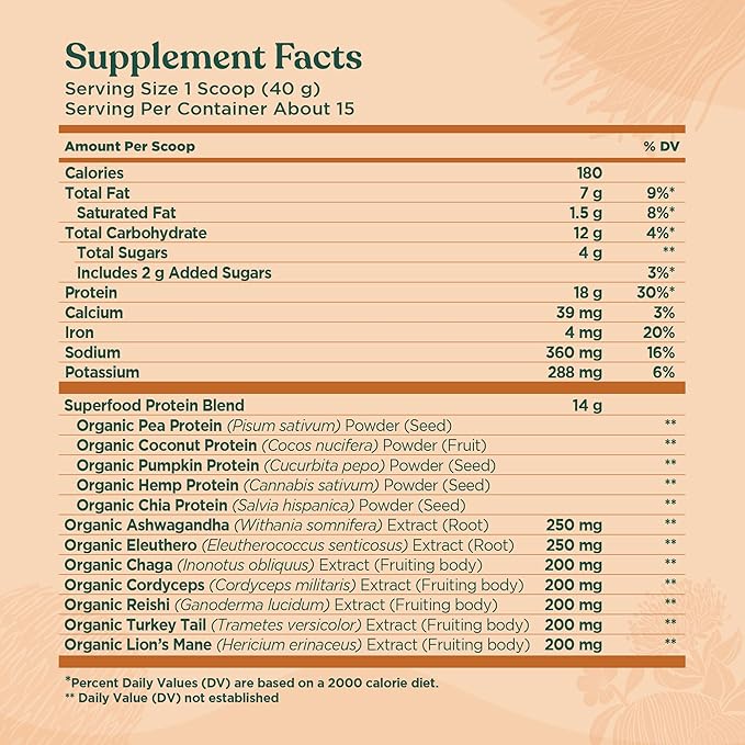 Four Sigmatic Organic Plant-Based Protein Powder Peanut Butter Protein with Lion’s Mane, Chaga, Cordyceps and More | Clean Vegan Protein Elevated for Brain Function and Immune Support | 21.16 oz
