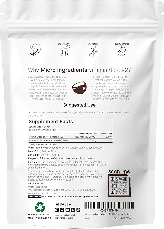 2 Pack Vitamin D3 10000 iu Plus K2 (MK-7) 200 mcg, 300 Virgin Coconut Oil Softgels | 2 in 1 Vitamins D & K Complex | Supports Calcium Absorption, Bone, Immune, & Heart Health – Easy to Swallow