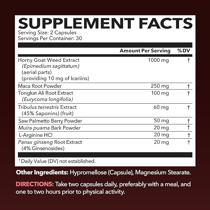 Horny Goat Weed for Men and Women - Extra Strength Performance Support with Maca Root Extract & Tongkat Ali & Muira Puama - Power, Performance and Energy Support - 1 Month Supply Herbal Supplement
