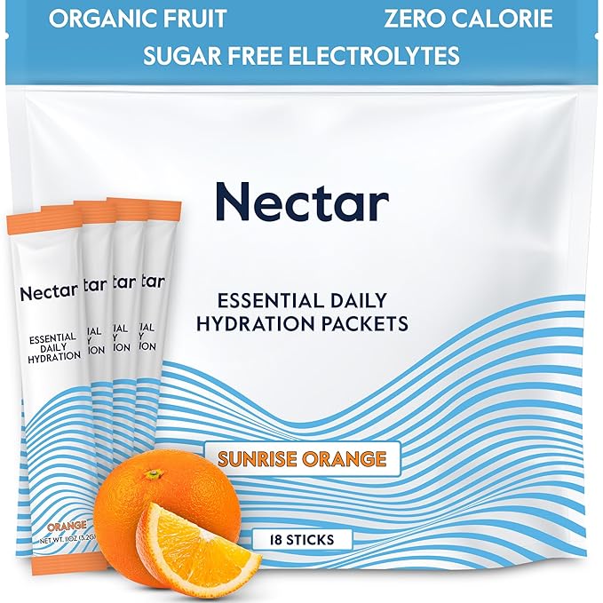 Nectar Hydration Packets - Electrolytes Powder Packets - No Sugar or Calories - Organic Fruit Liquid Daily IV Hydrate Packets for Dehydration Relief and Rapid Rehydration (Orange 18 Pack)