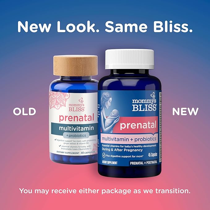 Mommy's Bliss Prenatal Multivitamin + Probiotic for Women w/ Folic Acid, Supports Baby Development & Mom's Digestion w/ Zinc, Vitamin B6 & B12, Ginger & Choline, Vegan & Gluten Free (45 Servings)