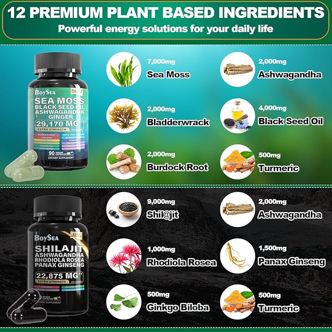 Boysea.sea Moss and shilajit Bundle - 90 Count - Sea Moss 7000mg, Black Seed Oil 4000mg, Ashwagandha 2000mg, Ginger & Shilajit 9000mg, Rhodiola Rosea 1000mg, All in 1 Supplements (3 Pack)