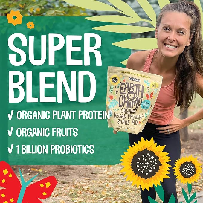 EarthChimp Organic Vegan Protein Powder - with Probiotics - Non GMO, Dairy Free, Non Whey, Plant Based Protein Powder for Women and Men, Gluten Free - 26 Servings 32 Oz (Plain & Unsweetened)
