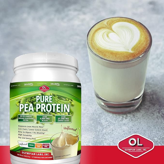 Olympian Labs Plant Based Pea Protein Powder, Vanilla - 25g of Protein, Vegan, Low Net Carbs, Gluten Free, Lactose Free, No Sugar Added, Soy Free, Kosher, Non-GMO, 2 Pound Pea Protein
