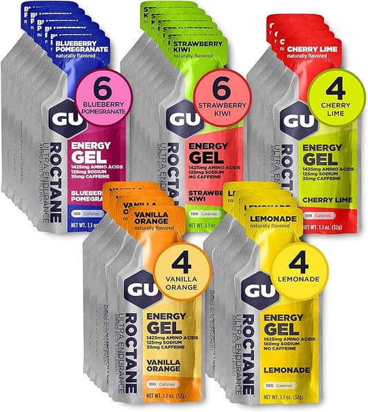 GU Energy Roctane Ultra Endurance Energy Gel, Vegan, Gluten-Free, Kosher, and Dairy-Free On-The-Go Sports Nutrition for Running, Biking, Hiking or Skiing, Assorted Flavors,24-Count