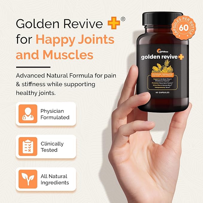 Golden Revive + Joint Support Supplement Featuring Turmeric with Black Pepper, Quercetin, and Magnesium- Turmeric Black Pepper Supplement - 6 Active Ingredients for Joint Care - 60 Capsules
