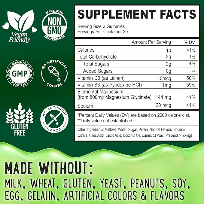 Magnesium Glycinate Gummies 400mg - Magnesium for Sleep, Calm, Relax & Muscle Relief with B6 & D3 and No Melatonin - Family-Friendly for Kids, Teens & Adults - Vegan & Non-GMO Supplement - 60 Count