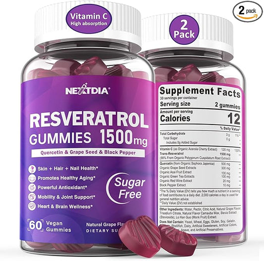 Resveratrol Gummies 1500mg - Sugar Free Resveratrol Supplement with Quercetin, Grape Seed, Acai Berries Extracts Support Antioxidant, Healthy Aging & longevity, Skin, Joint, Brain Wellness - 2Pack