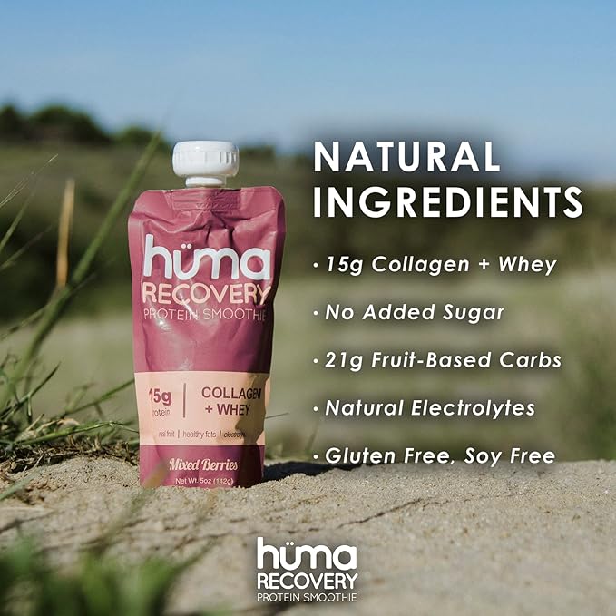 Huma Recovery Protein Smoothie, 20 Pouches – 15g Collagen + Whey Post Workout Recovery Drink – Ready-to-Drink Protein Shake with Real Fruit, Electrolytes, Healthy Fats