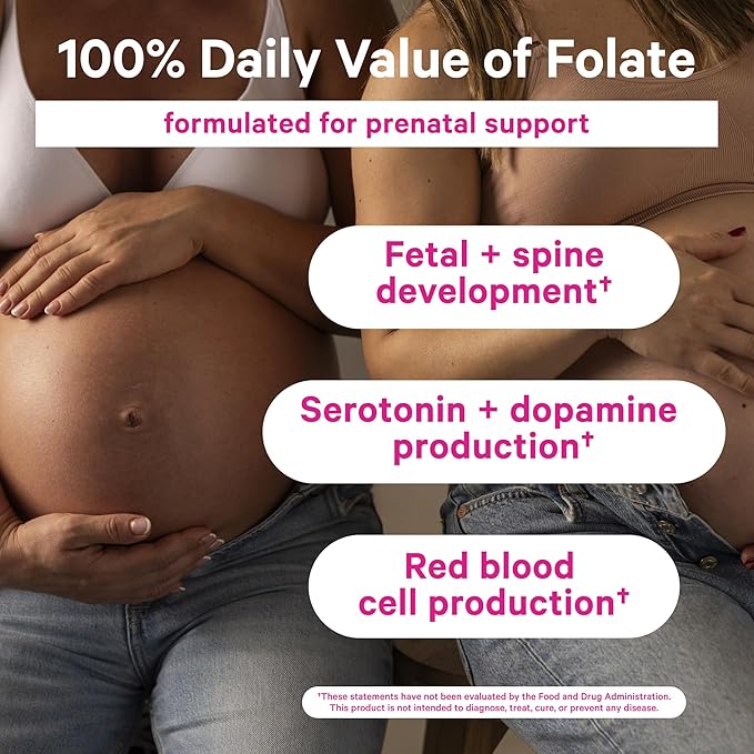 Pink Stork Folate: Methyl Folate - MTHFR Acid, Natural Form of Folic Acid for Pregnancy, Formulated for Mom + Baby, Women-Owned, 60 Capsules (Packaging May Vary)