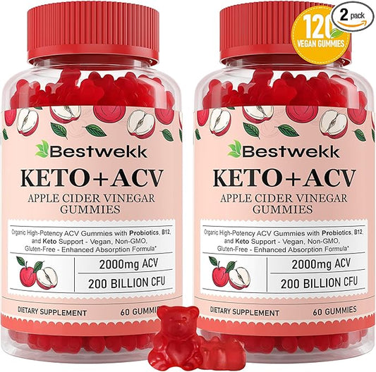Apple Cider Vinegar Gummies, Max Strength 2000mg ACV Gummies with Probiotics, B12 and Keto Support, For Digestion, Metabolism, Detox, Gut & Immune Health, Gelatin-Free, Vegan & Non-GMO, 120 Gummies