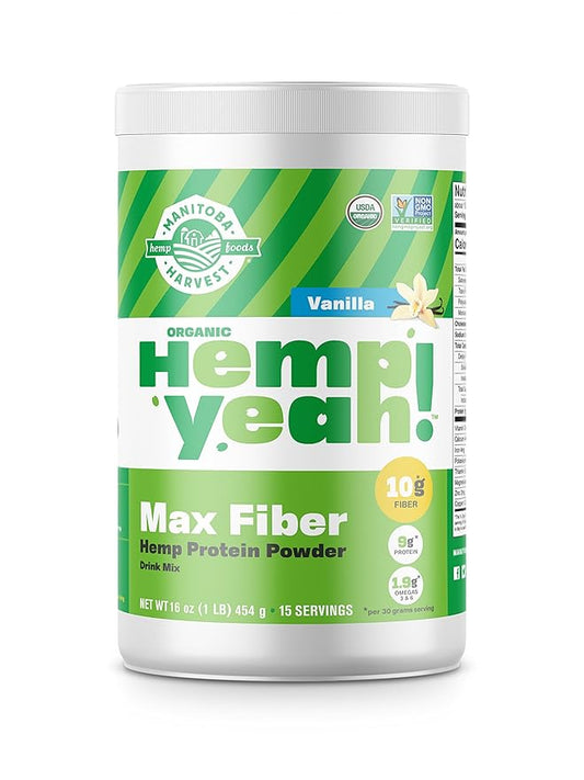 Manitoba Harvest Hemp Yeah! Organic Max Fiber Protein Powder, Vanilla, 16oz; with 10g of Fiber, 9g Protein and 1.9g Omegas 3&6 per Serving, Preservative Free, Non-GMO, Packaging May Vary