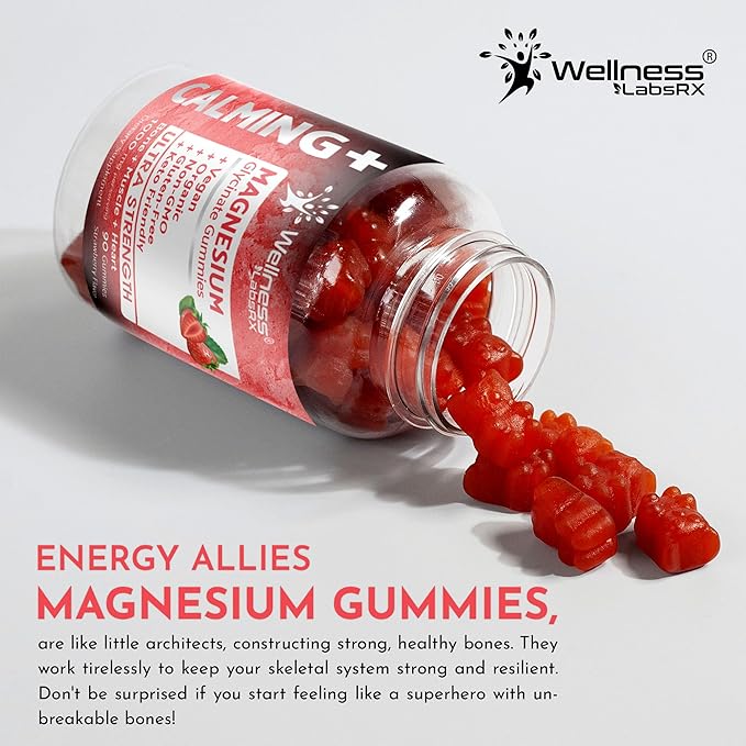 Magnesium Glycinate Gummies - 1000 mg - Magnesium Supplement to Support Relaxation, Heart Health - Chewable Calm Magnesium Gummies for Adults, Glicinato De Magnesio - Strawberry Flavor