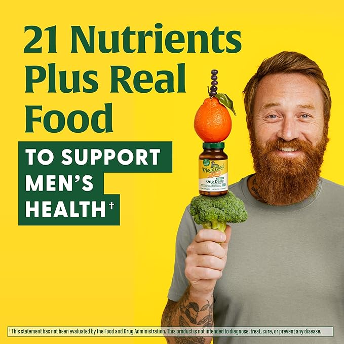 MegaFood Men's 40+ One Daily Multivitamin for Men with Vitamin B, Vitamin D3, Selenium, Zinc & Real Food - Immune Support, Energy Metabolism, and Muscle & Bone Health – Non GMO; Vegetarian - 60 Tabs