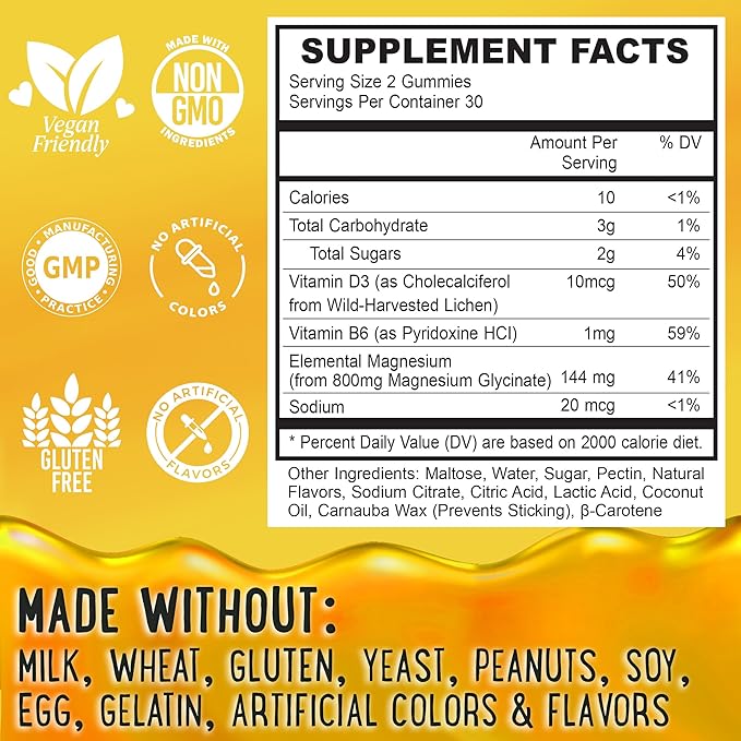 Magnesium Glycinate Gummies 400mg - Magnesium for Sleep, Calm, Relax & Muscle Relief with B6 & D3 and No Melatonin - Family-Friendly for Kids, Teens & Adults - Vegan & Non-GMO Supplement - 60 Count