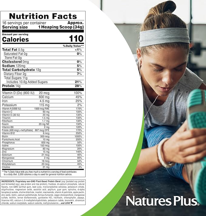 NaturesPlus SPIRU-TEIN, Strawberry - 1.2 lb - Plant-Based Protein Shake - Non-GMO, Vegetarian, Gluten Free - 16 Servings