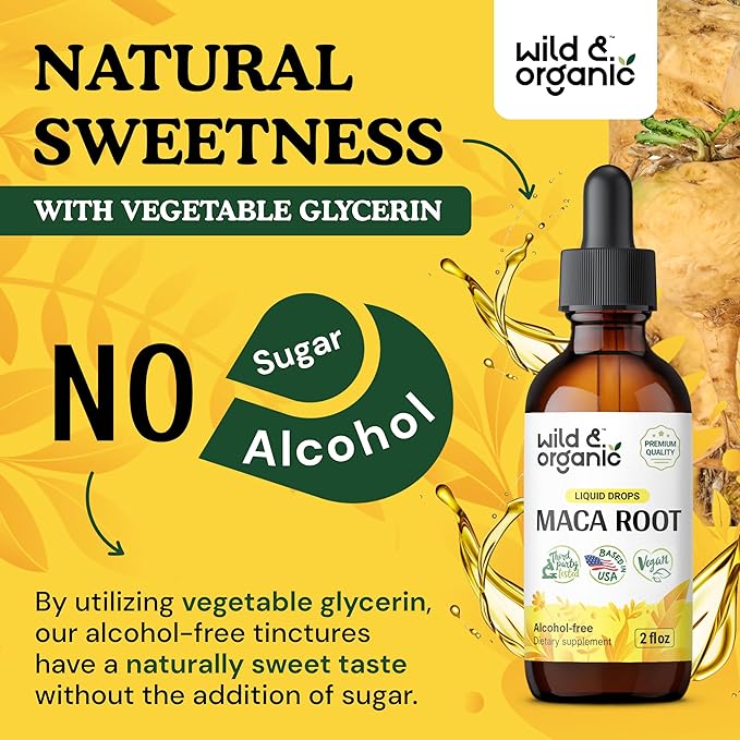 Wild & Organic Maca Root Drops for Women & Men - Supports Mood, Focus, Active Lifestyle - Alcohol Free Maca Tincture - Liquid Maca Root Supplement - Vegan, No Additives - 2 fl oz