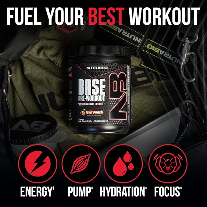 NutraBio Base Pre-Workout Sports Nutrition Powder - Sustained Energy, Mental Focus, Endurance, Hydration - Preworkout for Men and Women - Increase Energy- 30 Servings - Lemon Lime
