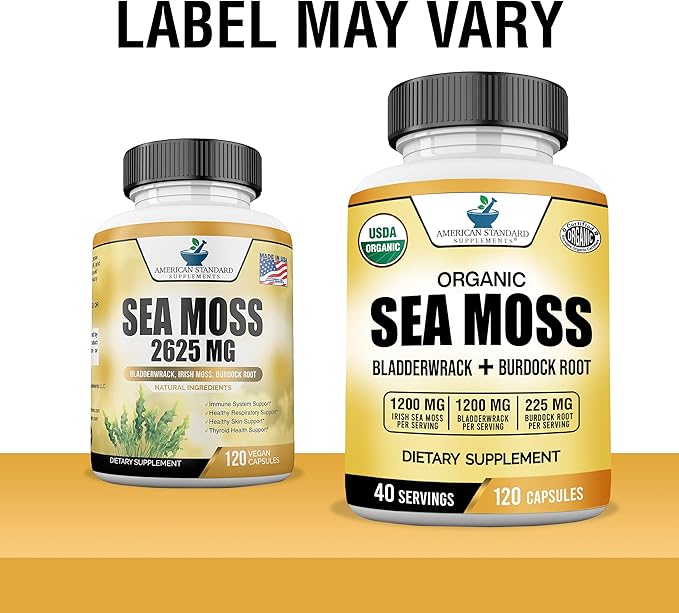 American Standard Supplements Organic Sea Moss, Bladderwrack & Burdock Root Capsules - 1200mg Sea Moss, 1200mg Bladderwrack, 225mg Burdock Root Per Serving - 120 Capsules, 40 Servings