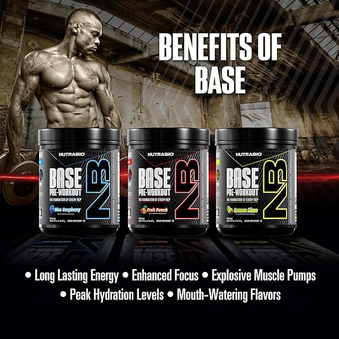 NutraBio Base Pre-Workout Sports Nutrition Powder - Sustained Energy, Mental Focus, Endurance, Hydration - Preworkout for Men and Women - Increase Energy- 30 Servings - Blue Raspberry
