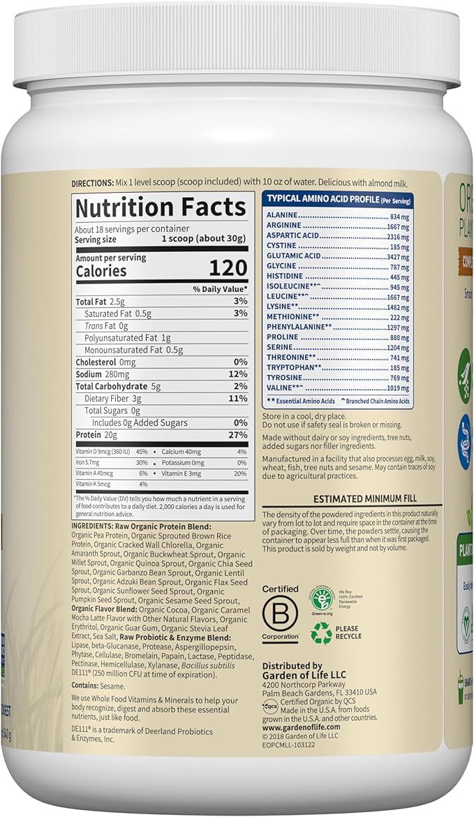 Garden of Life Vegan Protein Powder - Caramel Mocha Latte - 20g Plant Protein, BCAAs, Probiotics & Digestive Enzymes - Gluten-Free, Non-GMO