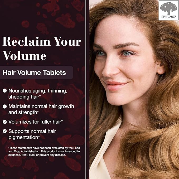 NEW NORDIC Hair Volume Tablets, 3000 mcg Biotin & Biopectin Apple Extract, Hair Vitamins to Support Natural Hair Growth for Thicker, Fuller Hair, for Men and Women, 90 Count (Pack of 1)