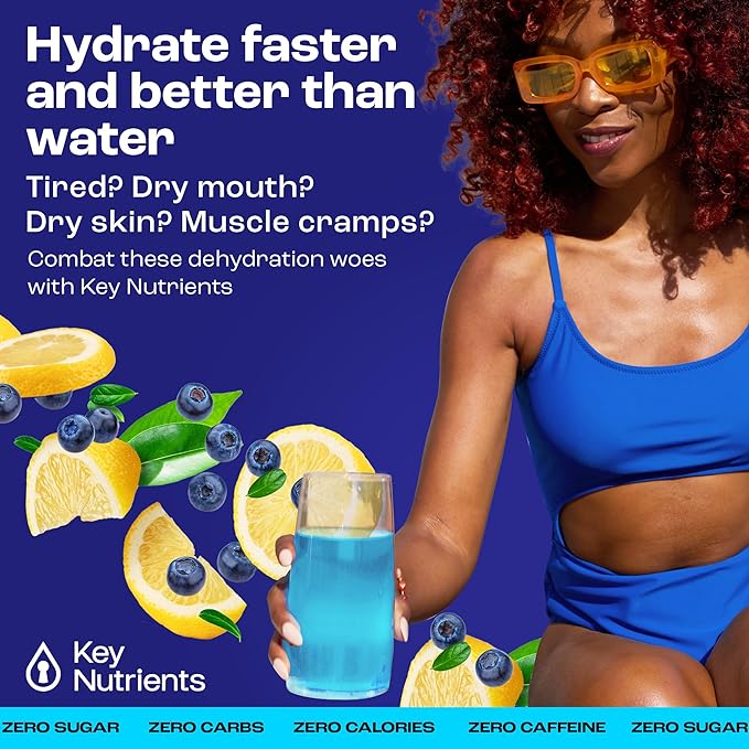 KEY NUTRIENTS Multivitamin Electrolytes Powder Packets - Delicious Blueberry Lemonade 20 Pack Hydration Packets - Travel Hydration Powder - No Sugar, No Calories, Gluten Free - Made in USA