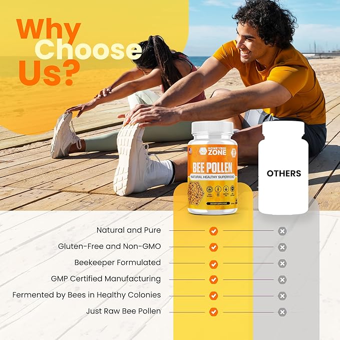 Bee pollen Supplement 100% Natural Raw Bee pollen in Veggie Caps Fermented Pollen Multivitamin, Probiotic Superfood, Vital Proteins, Amino Acids, Immune Support &Energy 60 Pollen Capsules