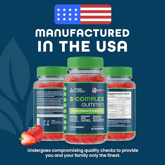 Vitamin B Complex Gummies for Adults, B Complex Vitamin Supplement for Women and Men, B Vitamins Complex Gummies for Energy and Brain Health, Natural Strawberry Flavor, 60 Count
