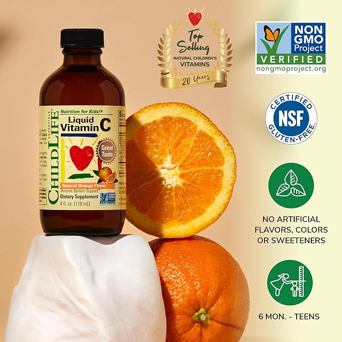 CHILDLIFE ESSENTIALS Liquid Vitamin C - Liposomal Vitamin C Liquid, Pure Vitamin C, Vitamin C for Kids, Liquid Supplement, Immune System Support, Great Taste - Natural Orange, 4 Fl Oz (Pack of 2)