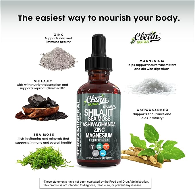 Shilajit Liquid Drops with Sea Moss, Ashwagandha, Zinc, Magnesium, Liquid Vitamins for Women and Men - Terra Mineral by Clean Nutra