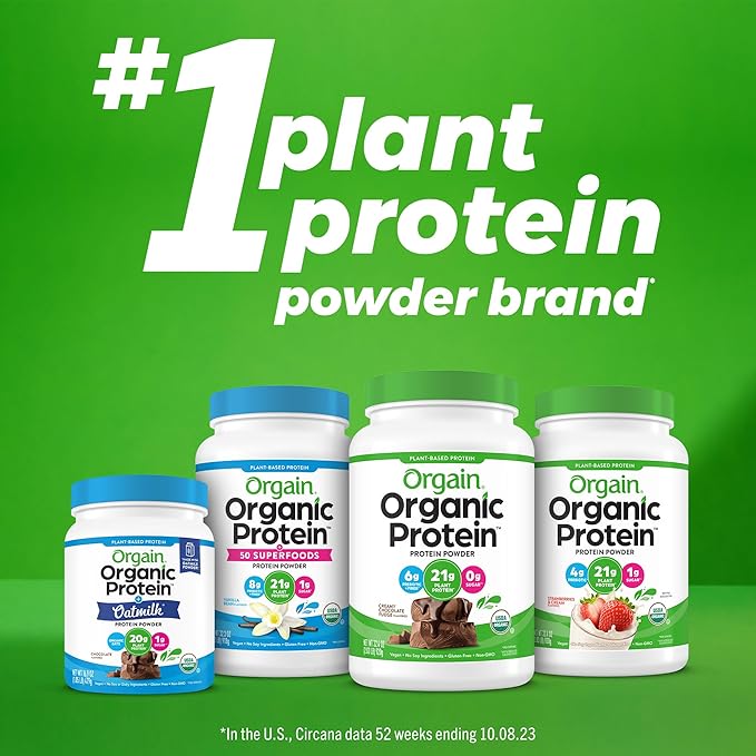 Orgain Organic Vegan Protein Powder, Strawberries & Cream - 21g Plant Based Protein, 4g Prebiotic Fiber, Low Net Carb, No Lactose Ingredients, No Added Sugar, Non-GMO, For Shakes & Smoothies, 2.03 lb
