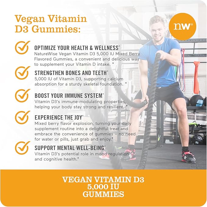 NatureWise Vitamin D3 5000 IU Gummies - Mixed Berry Flavor - Vegan D from Lichen, Pectin Based, Immune Support for Adults, Muscle & Bone Strength - Gluten Free, Non-GMO - 180 Count[3-Month Supply]