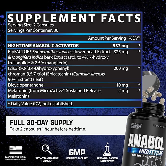 Anabol PM Nighttime Muscle Builder & Sleep Aid | Anabolic Muscle Building Supplement | Clinically Researched RIPFACTOR, Epicatechin & More | Post Workout Muscle Recovery & Strength – 60 Pills