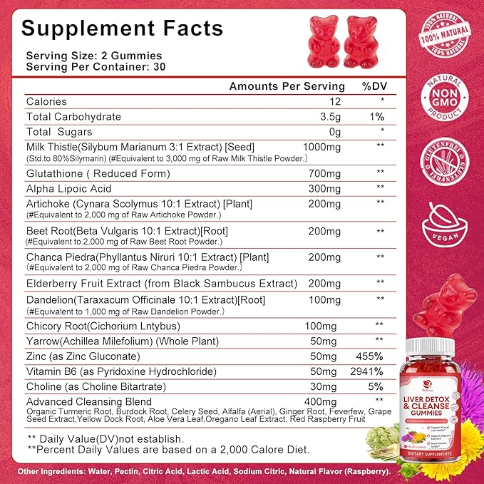 Liver Cleanse Detox & Repair Gummies - 24 Potent Herb w/3000MG Milk Thistle Silymarin, Dandelion, Artichoke Extract & Elderberry - No Sugar, Raspberry Flavor -120 Count