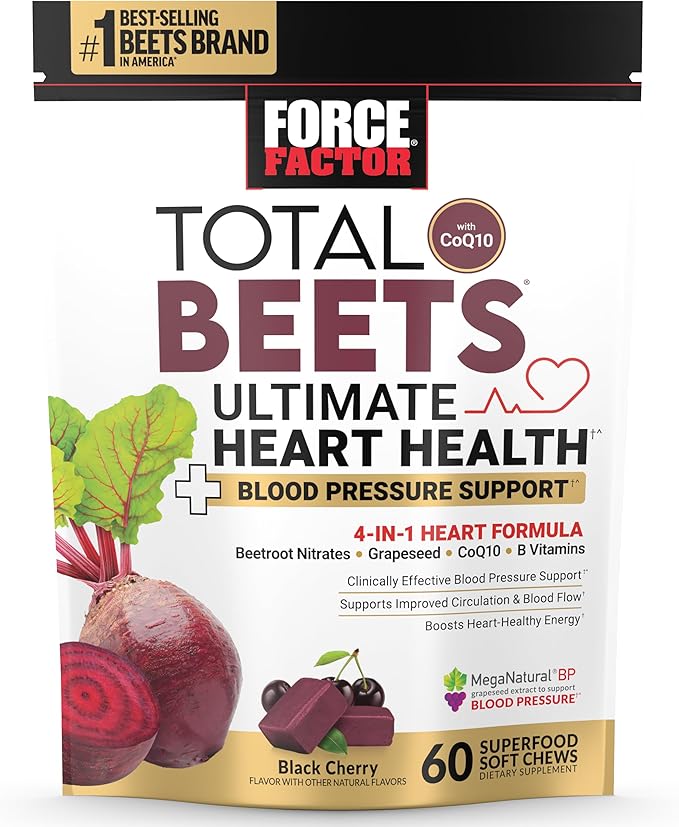 FORCE FACTOR Total Beets Ultimate Heart Health Blood Pressure Support Chews with CoQ10, Beet Root Powder, Grape Seed Extract, Blood Pressure Supplement for Circulation & Blood Flow, 60 Soft Chews