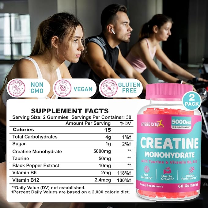 Creatine Monohydrate Gummies, Creatine for Women, Creatine Pre Workout Chewables Supplement 5000mg with Taurine & B6 - for Muscle, Recovery, Strength, Energy & Endurance and Performance - 120 Count