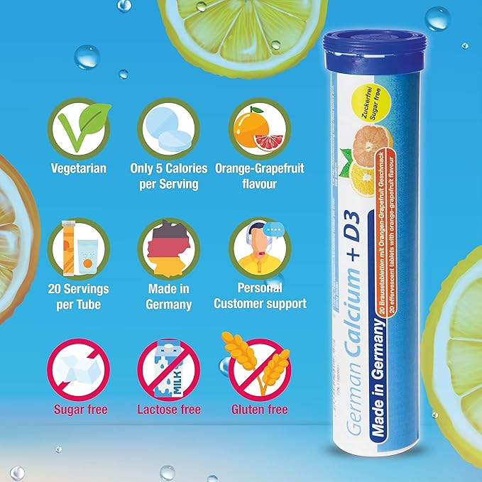 German Calcium + Vitamin D Drink Effervescent Tablets 60 Servings Orange-Grapefruit Flavour - 500 mg Calcium, 2,5 μg Vitamin D3 - T&D Pharma – Made in Germany