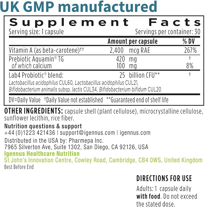 Live Cultures+ Lab4 Probiotics & Prebiotic, Lactobacillus Acidophilus & Bifidobacterium, Guaranteed 25 Billion CFU,Vegan, Non-Bloating Gut Health Support, Non-GMO, 30 Capsules, by Igennus