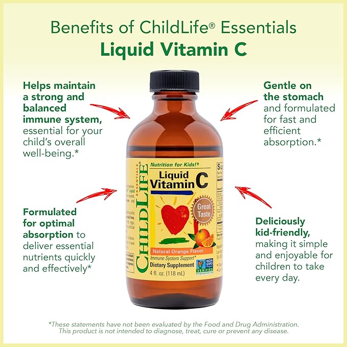 CHILDLIFE ESSENTIALS Liquid Vitamin C - Liposomal Vitamin C Liquid, Pure Vitamin C, Vitamin C for Kids, Liquid Supplement, Immune System Support, Great Taste - Natural Orange, 4 Fl Oz (Pack of 2)