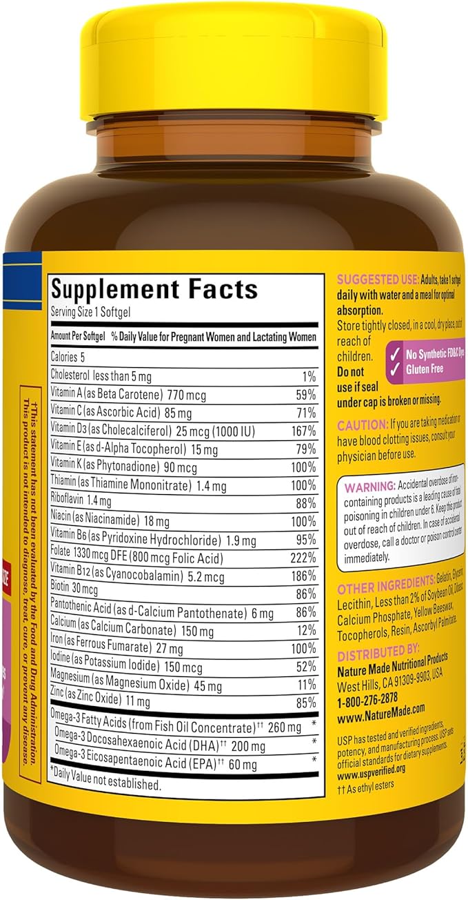 Nature Made Prenatal with Folic Acid + DHA, Prenatal Vitamin and Mineral Supplement for Daily Nutritional Support, 90 Softgels, 90 Day Supply